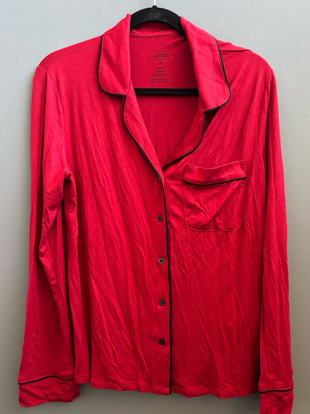 Auden Cloud Knit Bright Red Long-Sleeve Button-Down Shirt with Black Piping